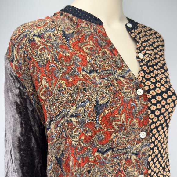 FRENCH CONNECTION Boho Patchwork Multicolor Floral Dot Button-Up Shirt Blouse L - Picture 2 of 11